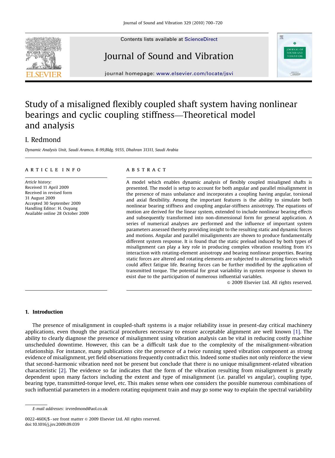 Study of a misaligned flexibly coupled shaft system having nonlinear bearings and cyclic coupling stiffnessâTheoretical model and analysis by I. Redmond