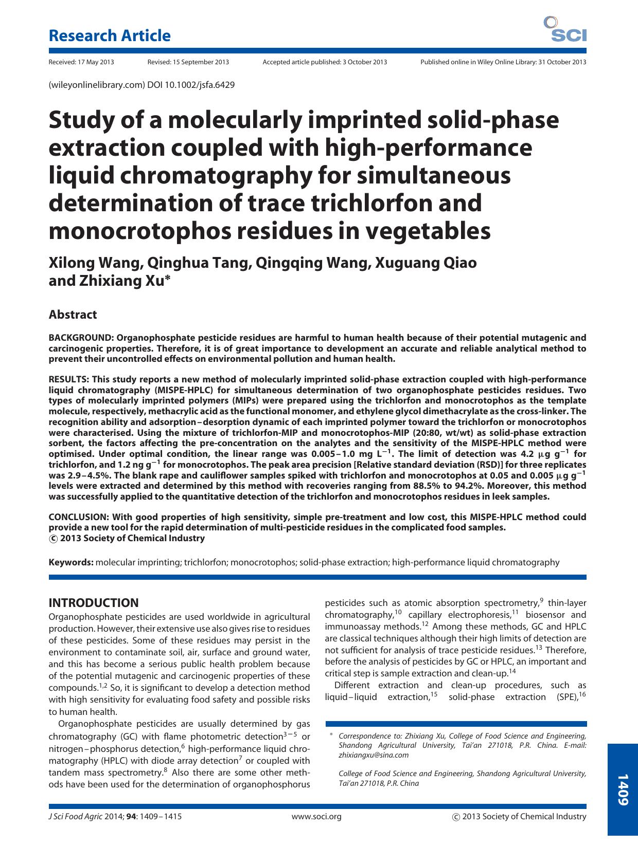 Study of a molecularly imprinted solidphase extraction coupled with highperformance liquid chromatography for simultaneous determination of trace trichlorfon and monocrotophos residues in vegetables by Unknown