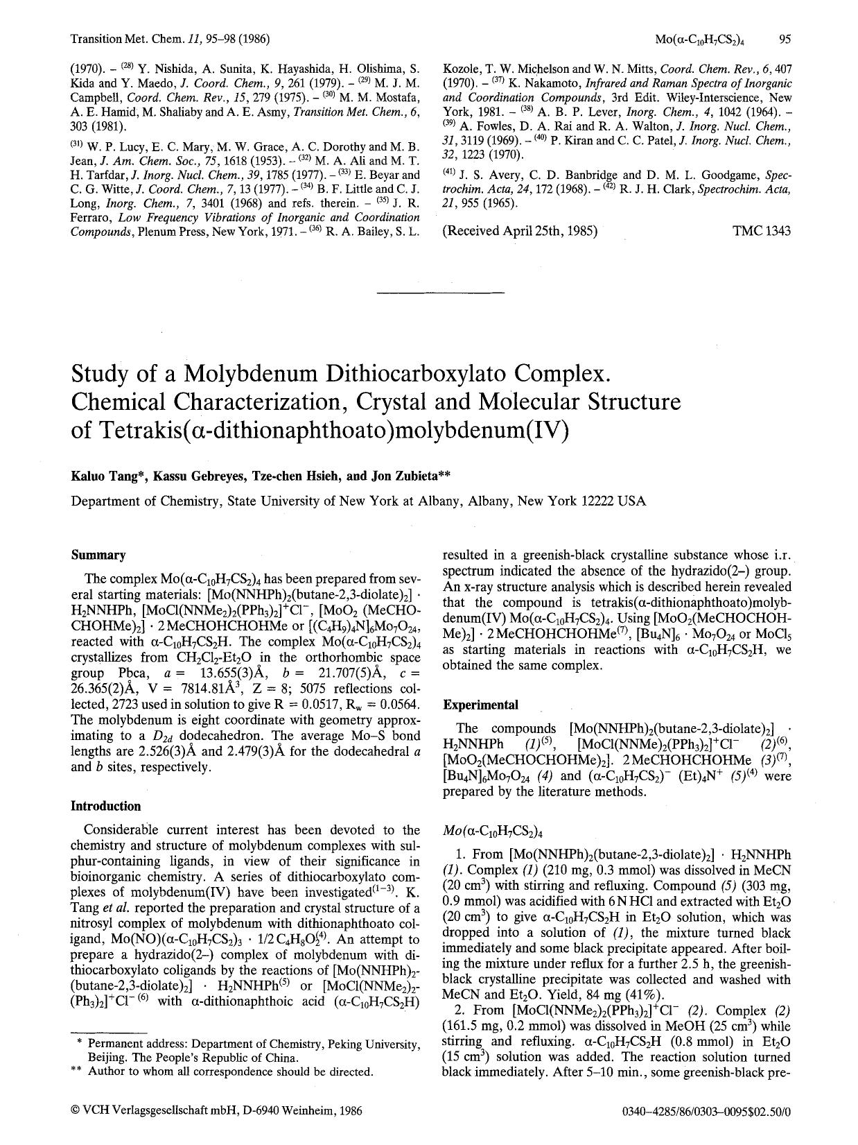 Study of a molybdenum dithiocarboxylato complex. Chemical characterization, crystal and molecular structure of tetrakis(α-dithionaphthoato)molybdenum(IV) by Unknown