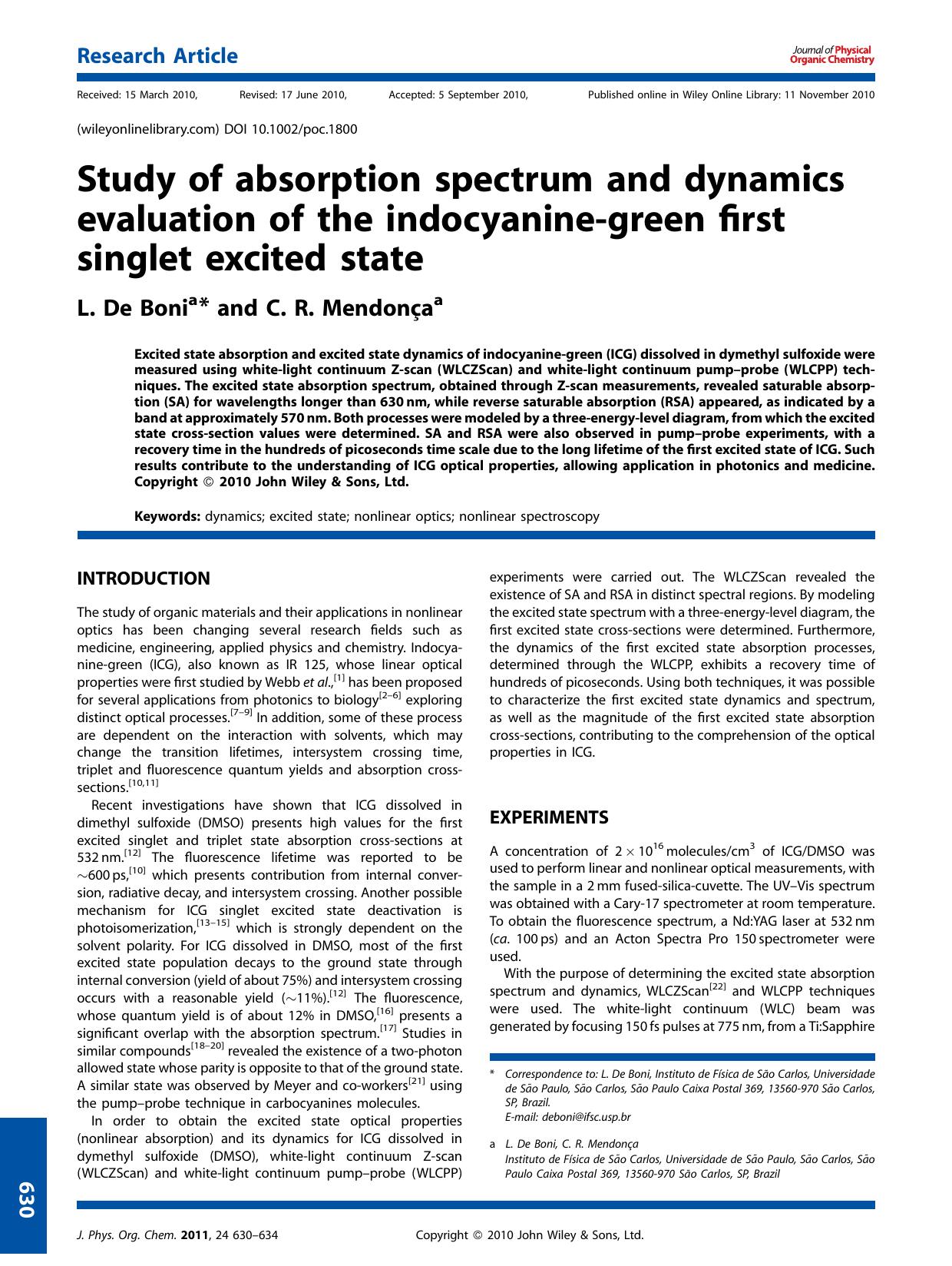 Study of absorption spectrum and dynamics evaluation of the indocyaninegreen first singlet excited state by Unknown