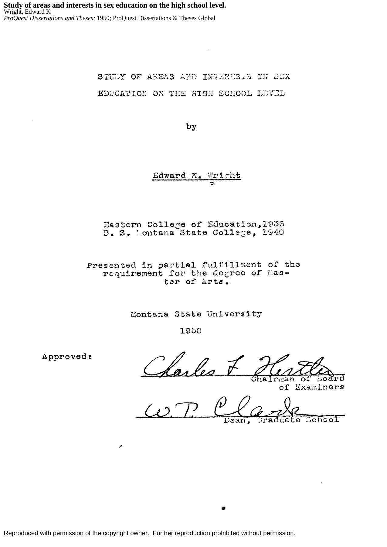 Study of areas and interests in sex education on the high school level. by Wright Edward K
