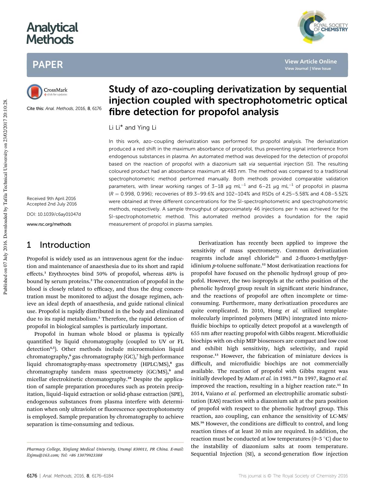 Study of azo-coupling derivatization by sequential injection coupled with spectrophotometric optical fibre detection for propofol analysis by Li Li & Ying Li