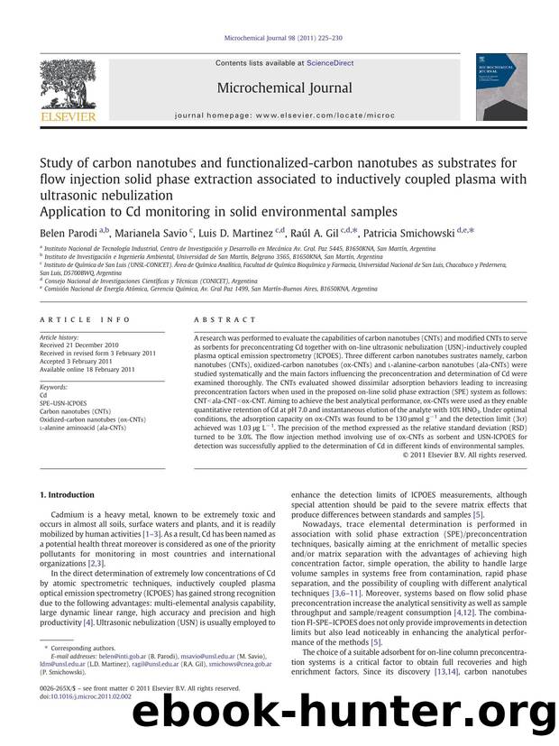 Study of carbon nanotubes and functionalized-carbon nanotubes as substrates for flow injection solid phase extraction associated to inductively coupled plasma with ultrasonic nebulization by Belen Parodi & Marianela Savio & Luis D. Martinez & Raúl A. Gil & Patricia Smichowski