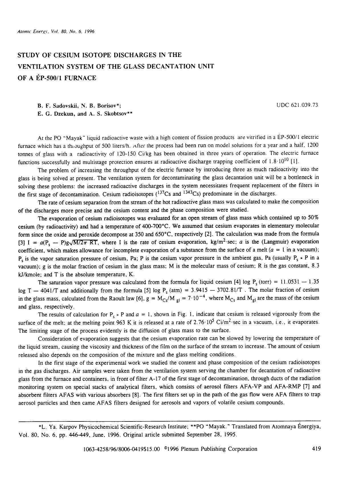 Study of cesium isotope discharges in the ventilation system of the glass decantation unit of a Ép-5001 Furnace by Unknown