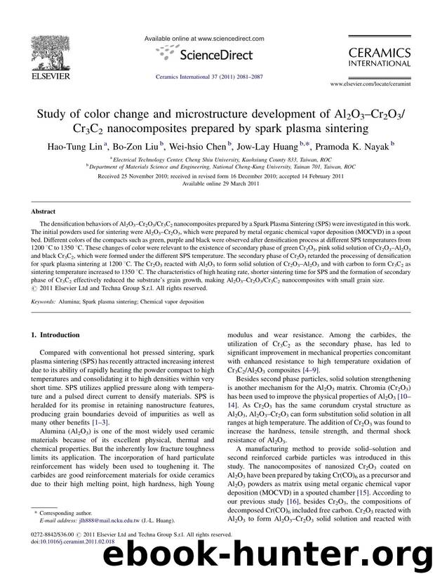 Study of color change and microstructure development of Al2O3Ã¢â¬âCr2O3Cr3C2 nanocomposites prepared by spark plasma sintering by Hao-Tung Lin