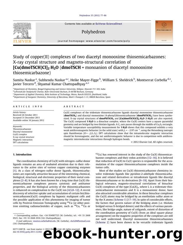 Study of copper(II) complexes of two diacetyl monooxime thiosemicarbazones: X-ray crystal structure and magneto-structural correlation of [Cu(dmoTSCH)Cl]2ÃÂ·H2O (dmoTSCH=monoanion by unknow