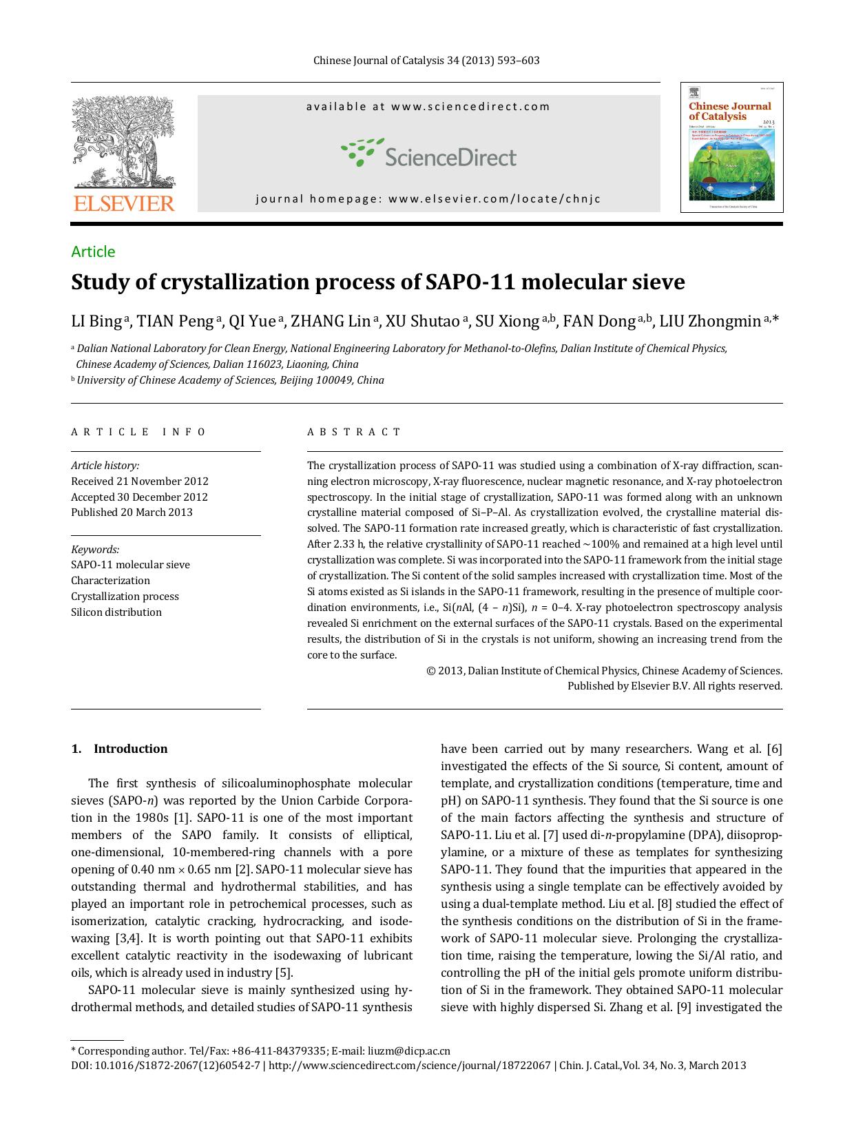Study of crystallization process of SAPO-11 molecular sieve by Bing LI & Peng TIAN & Yue QI & Lin ZHANG & Shutao XU & Xiong SU & Dong FAN & Zhongmin LIU