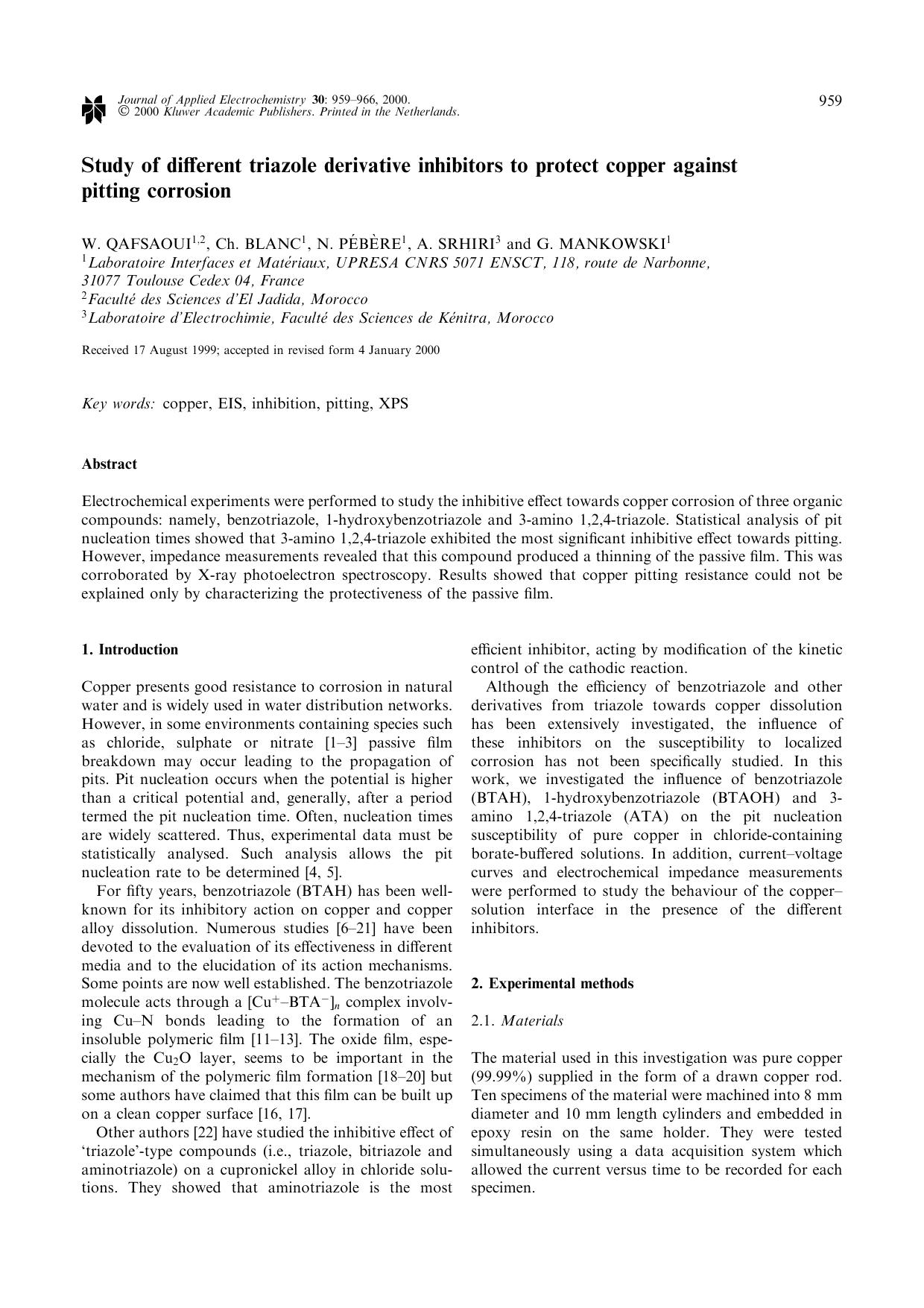 Study of different triazole derivative inhibitors to protect copper against pitting corrosion by Unknown