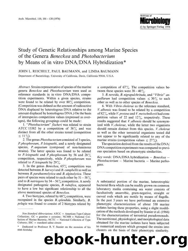 Study of genetic relationships among marine species of the genera <Emphasis Type="Italic">Beneckea<Emphasis> and <Emphasis Type="Italic">Photobacterium<Emphasis> by means of in vit by Unknown