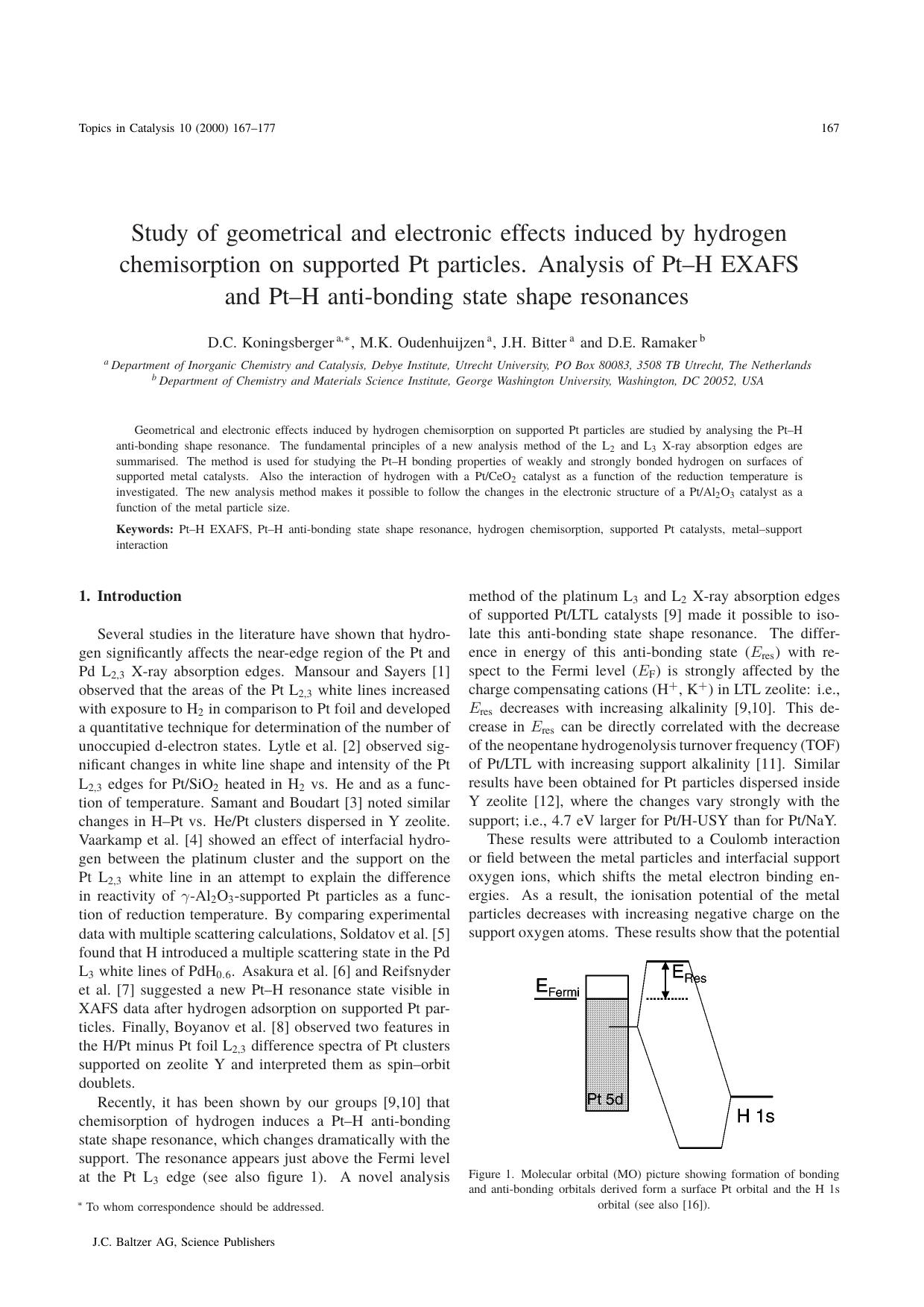 Study of geometrical and electronic effects induced by hydrogen chemisorption on supported Pt particles. Analysis of Pt–H EXAFS and Pt–H anti-bonding state shape resonances by Unknown