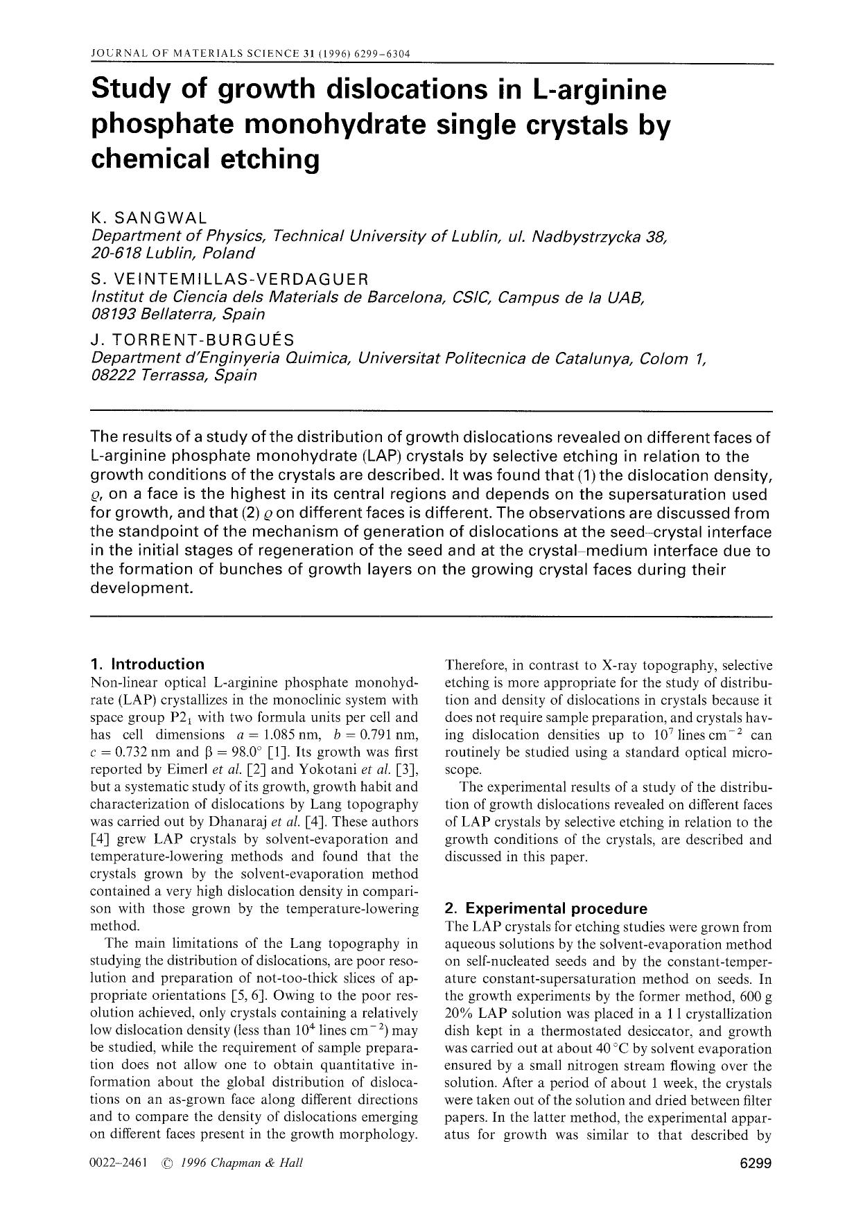 Study of growth dislocations in L-arginine phosphate monohydrate single crystals by chemical etching by Unknown