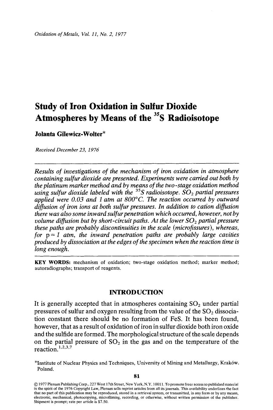 Study of iron oxidation in sulfur dioxide atmospheres by means of the <Superscript>35 <Superscript>S radioisotope by Unknown