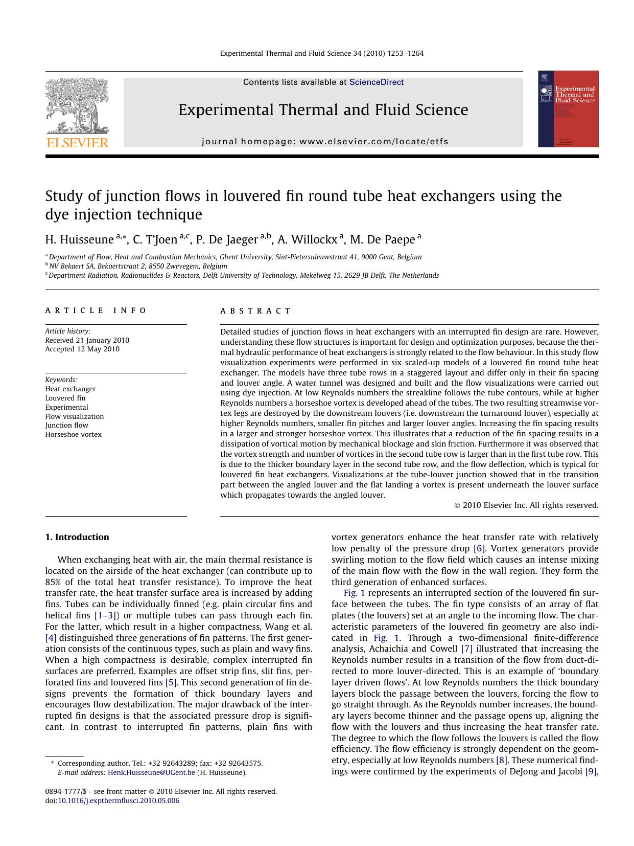 Study of junction flows in louvered fin round tube heat exchangers using the dye injection technique by H. Huisseune & C. T’Joen & P. De Jaeger & A. Willockx & M. De Paepe