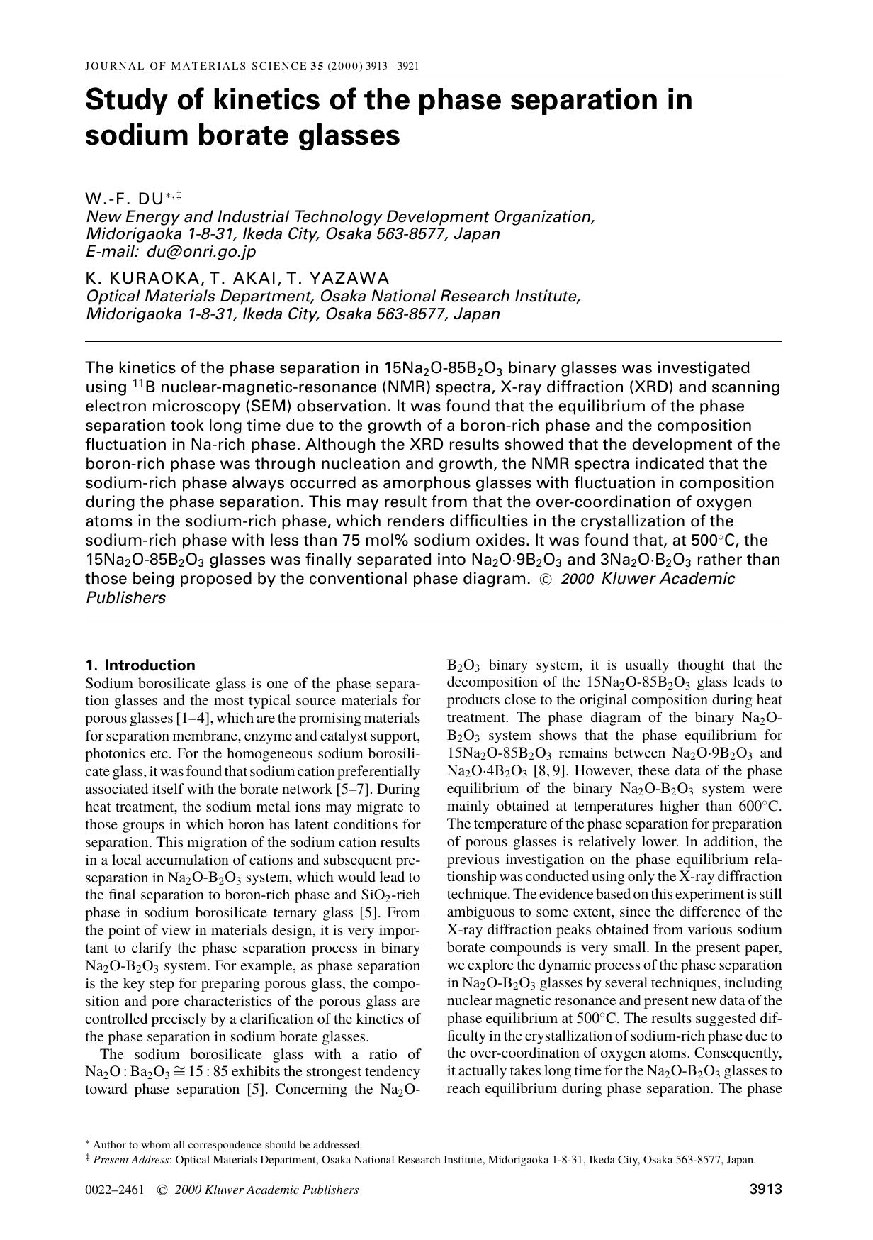 Study of kinetics of the phase separation in sodium borate glasses by Unknown