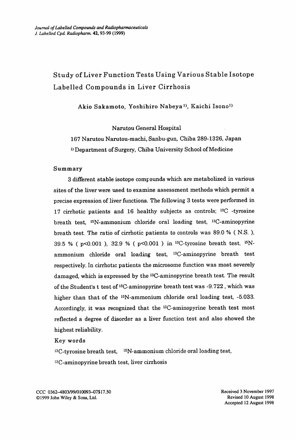 Study of liver function tests using various stable isotope labelled compounds in liver cirrhosis by Unknown