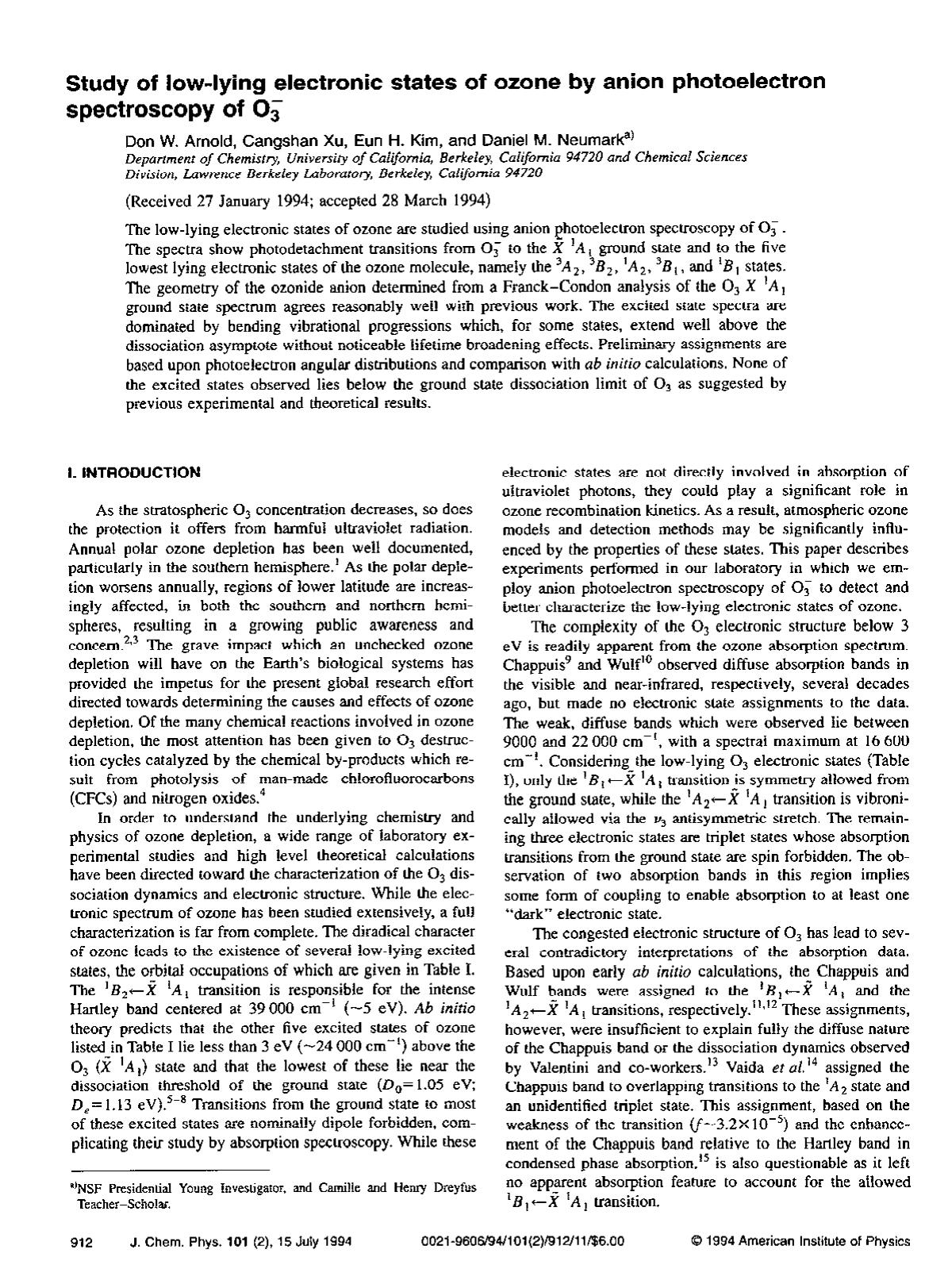 Study of low-lying electronic states of ozone by anion photoelectron spectroscopy of O-3 by Don W. Arnold; Cangshan Xu; Eun H. Kim; Daniel M. Neumark