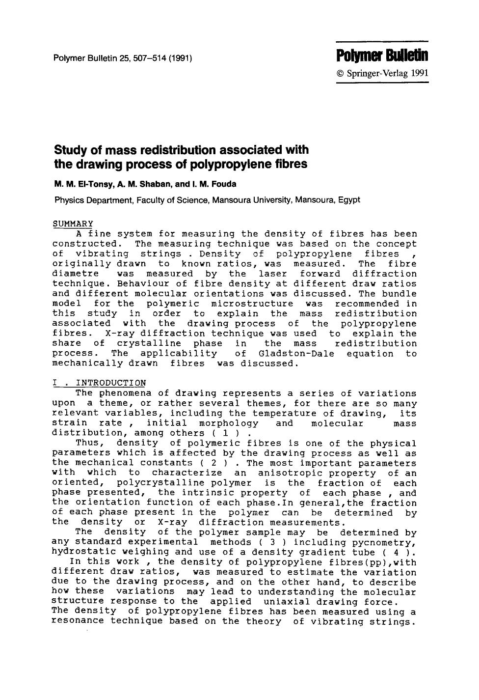 Study of mass redistribution associated with the drawing process of polypropylene fibres by Unknown