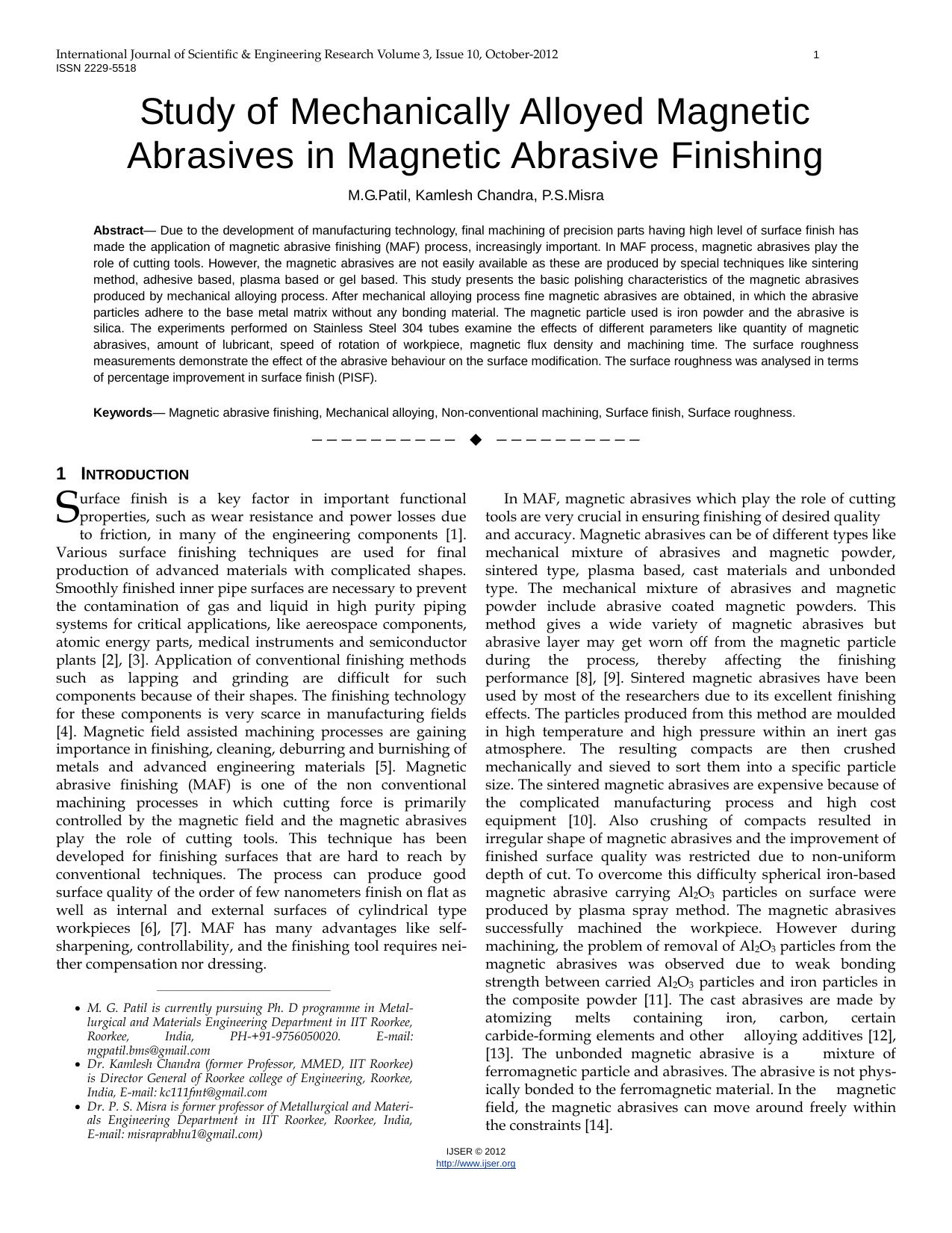 Study of mechanically alloyed magnetic abrasives in magnetic abrasive finishing by Patil M.G. Chandra K. Misra P.S