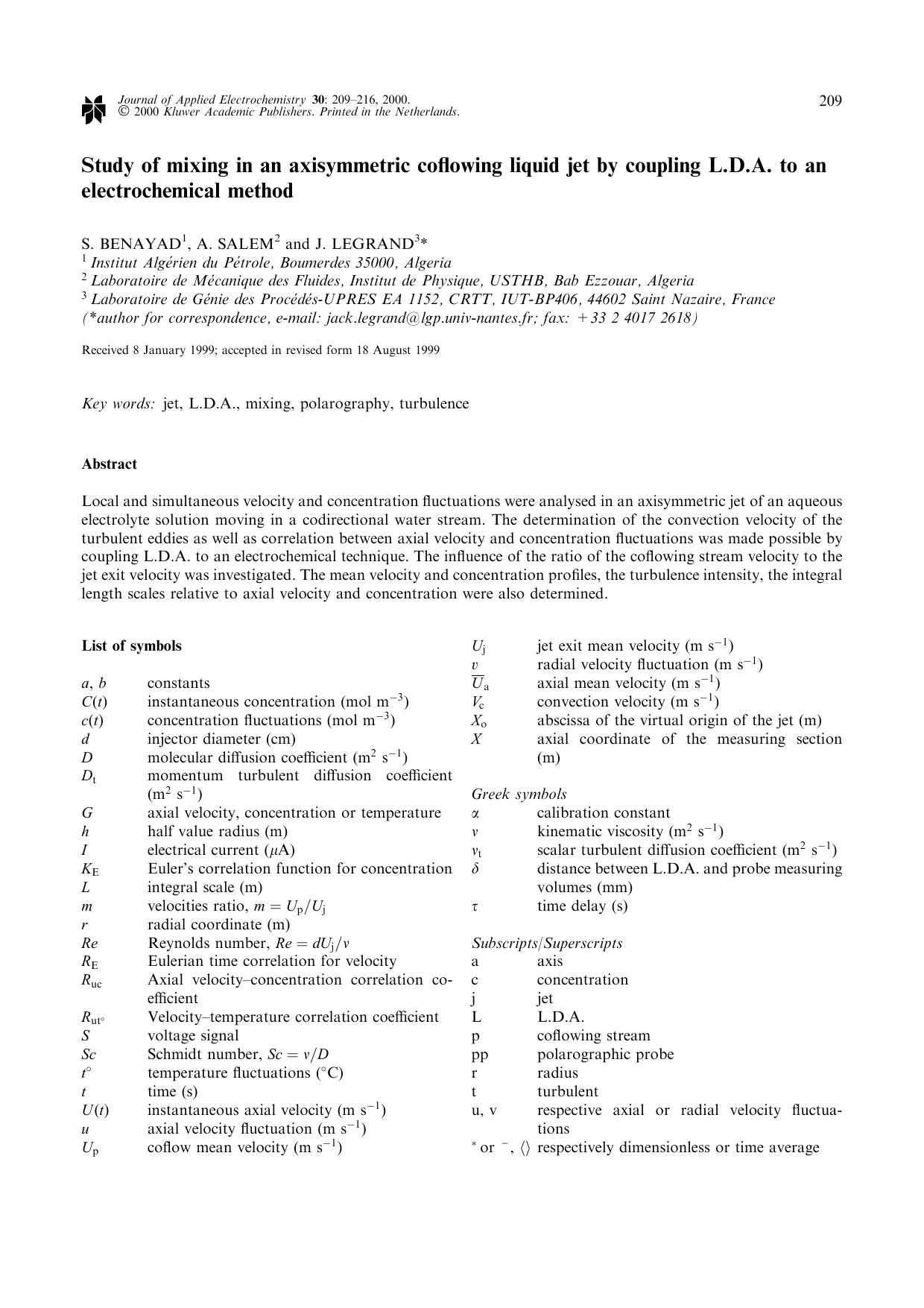 Study of mixing in an axisymmetric coflowing liquid jet by coupling L.D.A. to an electrochemical method by Unknown