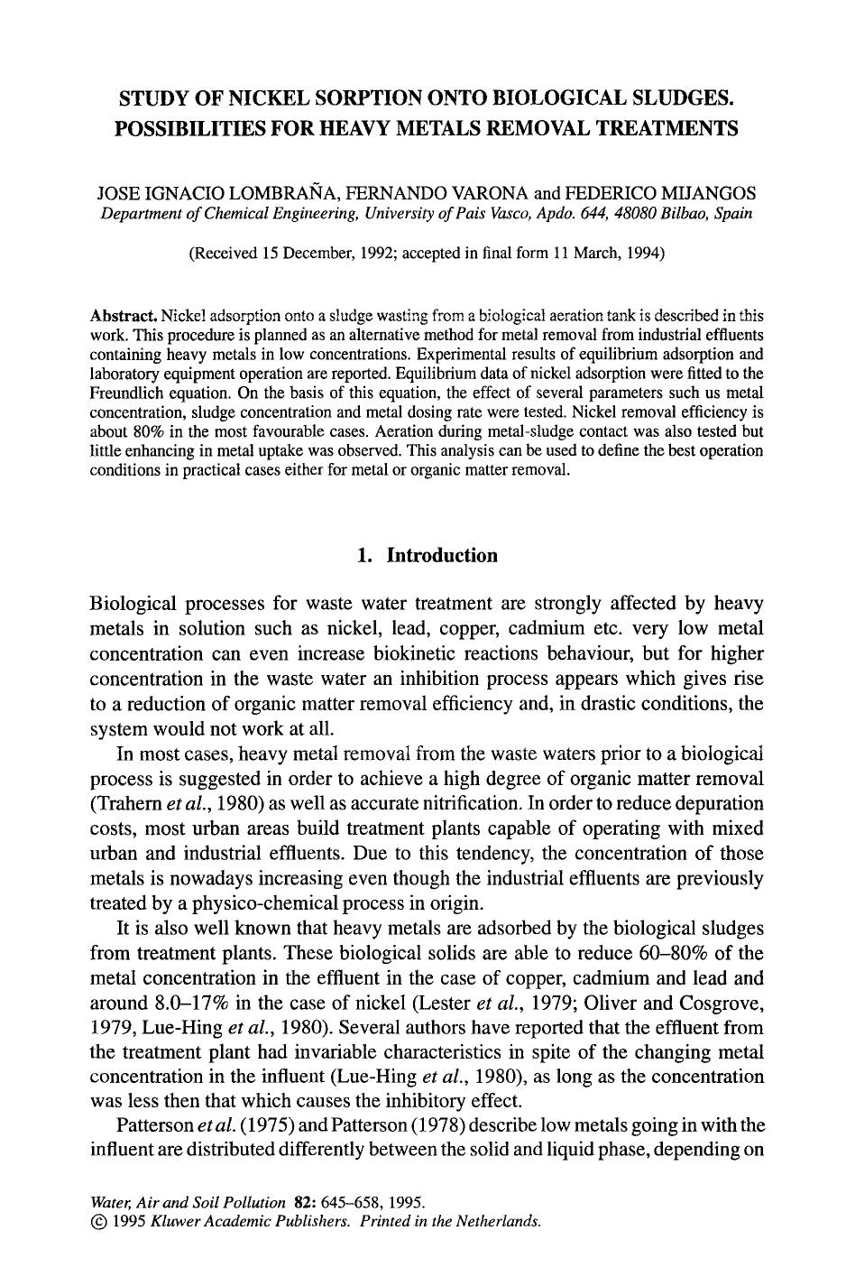 Study of nickel sorption onto biological sludges. possibilities for heavy metals removal treatments by Unknown