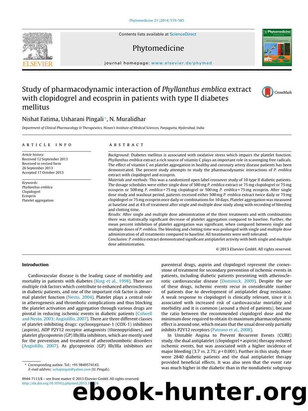 Study of pharmacodynamic interaction of Phyllanthus emblica extract with clopidogrel and ecosprin in patients with type II diabetes mellitus by Nishat Fatima & Usharani Pingali & N. Muralidhar
