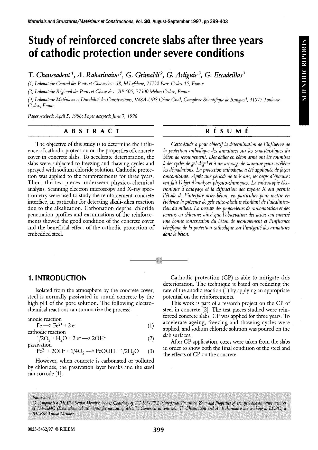 Study of reinforced concrete slabs after three years of cathodic protection under severe conditions by Unknown
