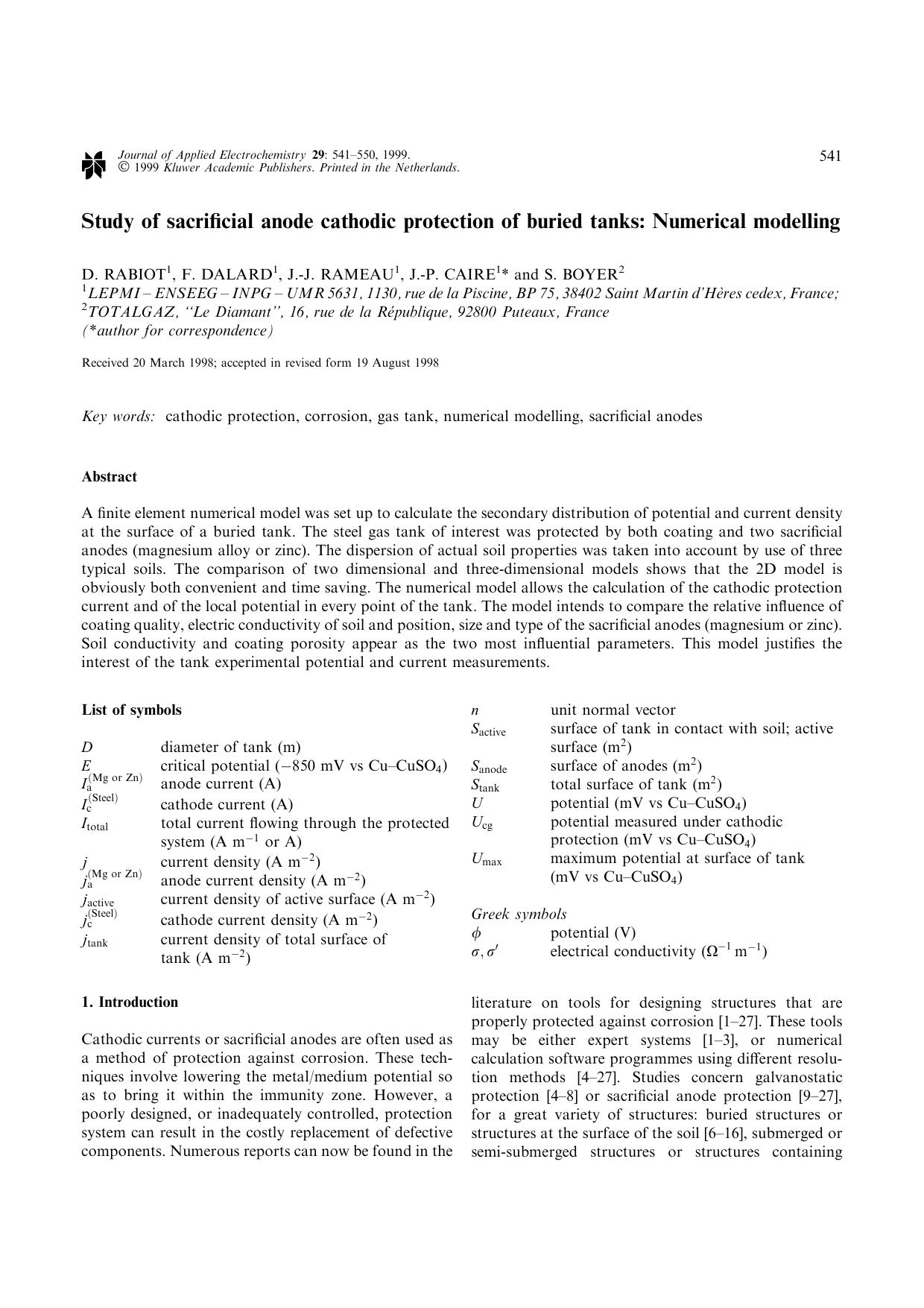 Study of sacrificial anode cathodic protection of buried tanks: Numerical modelling by Unknown