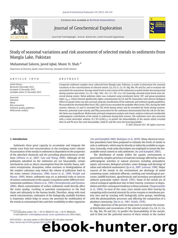 Study of seasonal variations and risk assessment of selected metals in sediments from Mangla Lake, Pakistan by Muhammad Saleem & Javed Iqbal & Munir H. Shah