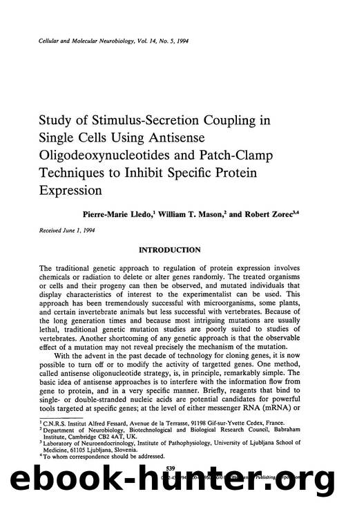 Study of stimulus-secretion coupling in single cells using antisense oligodeoxynucleotides and patch-clamp techniques to inhibit specific protein expression by Unknown
