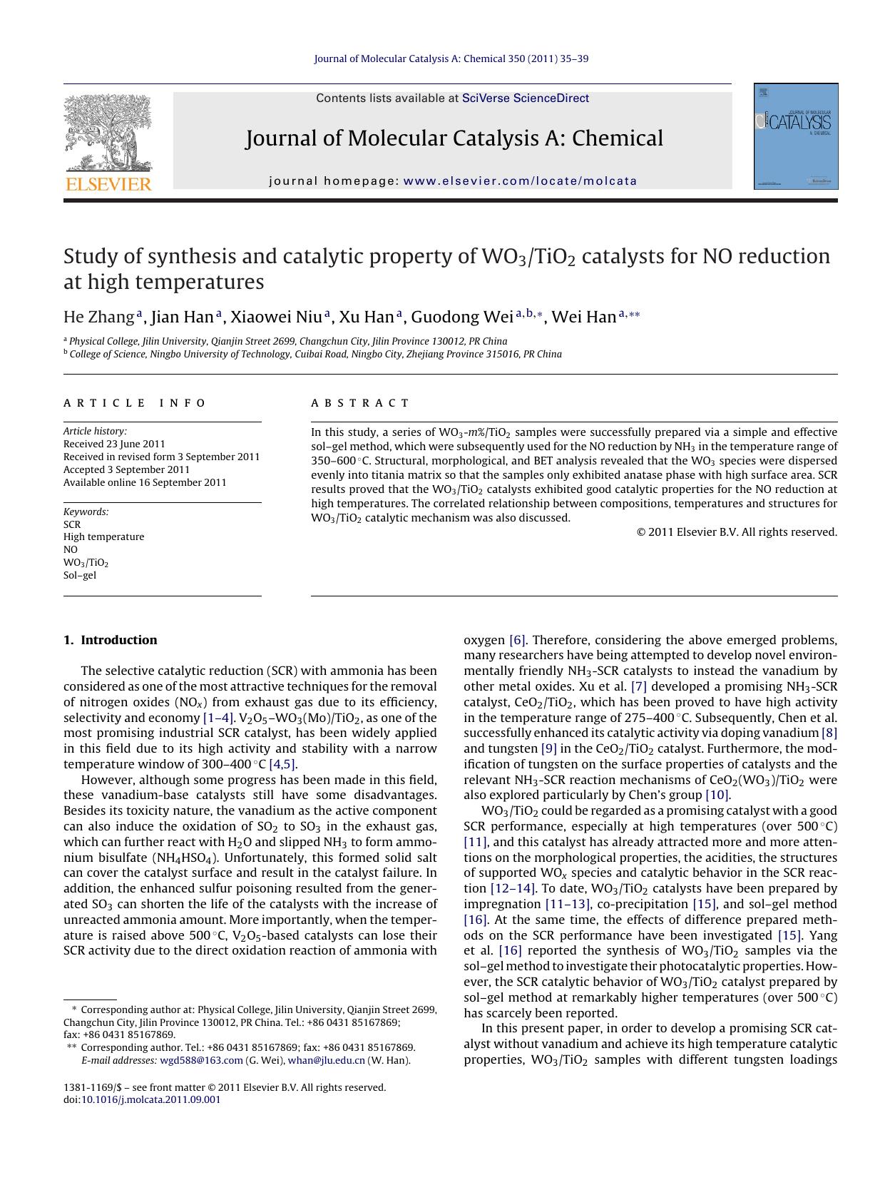 Study of synthesis and catalytic property of WO3TiO2 catalysts for NO reduction at high temperatures by He Zhang