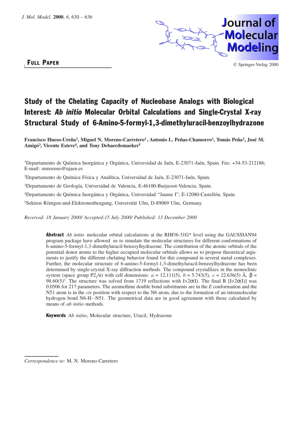 Study of the Chelating Capacity of Nucleobase Analogs with Biological Interest: Ab initio Molecular Orbital Calculations and Single-Crystal X-ray Structural Study of 6-Amino-5-form by unknow