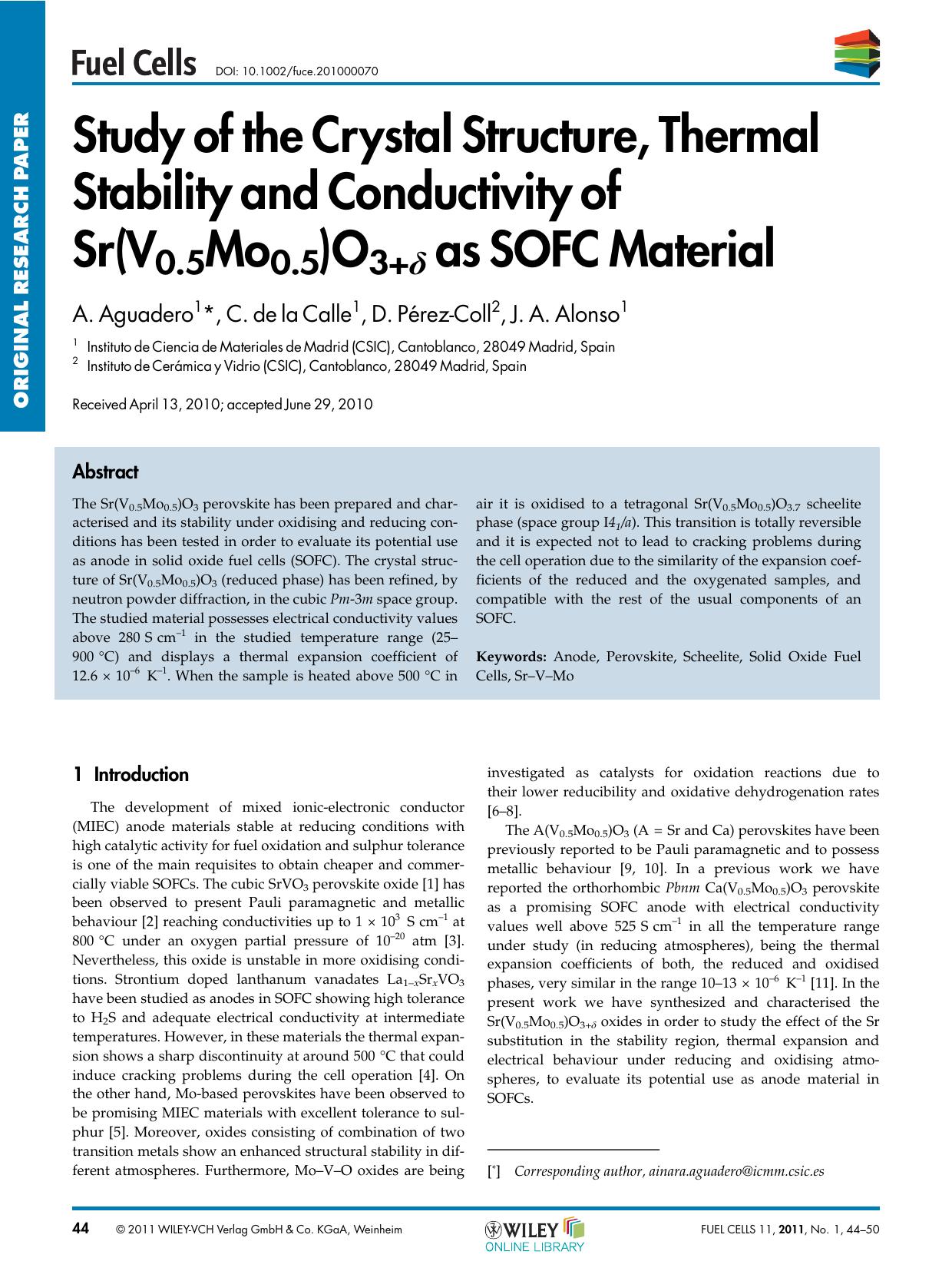 Study of the Crystal Structure, Thermal Stability and Conductivity of Sr(V0.5Mo0.5)O3+ as SOFC Material by Unknown