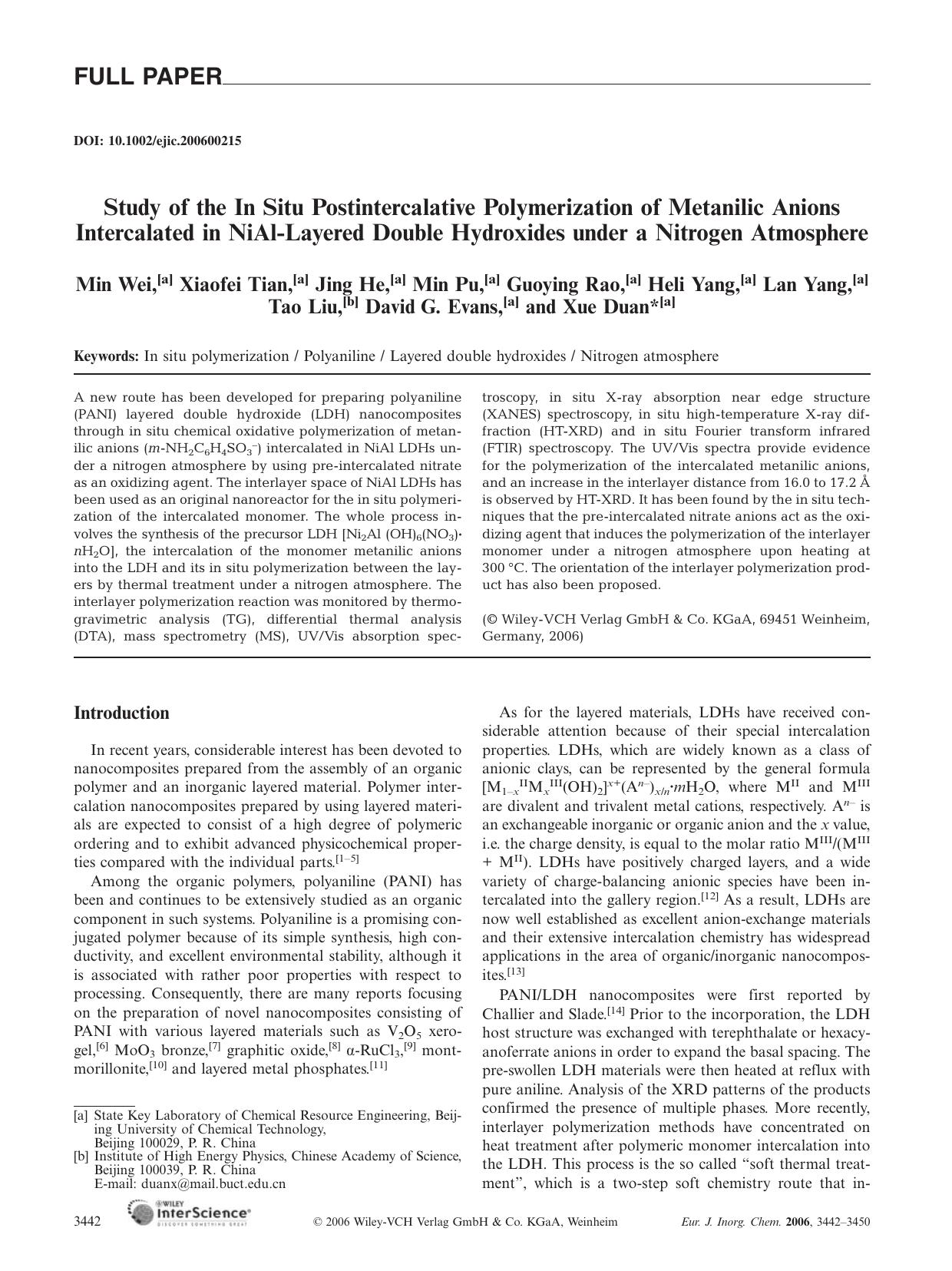Study of the In Situ Postintercalative Polymerization of Metanilic Anions Intercalated in NiAl-Layered Double Hydroxides under a Nitrogen Atmosphere by Unknown