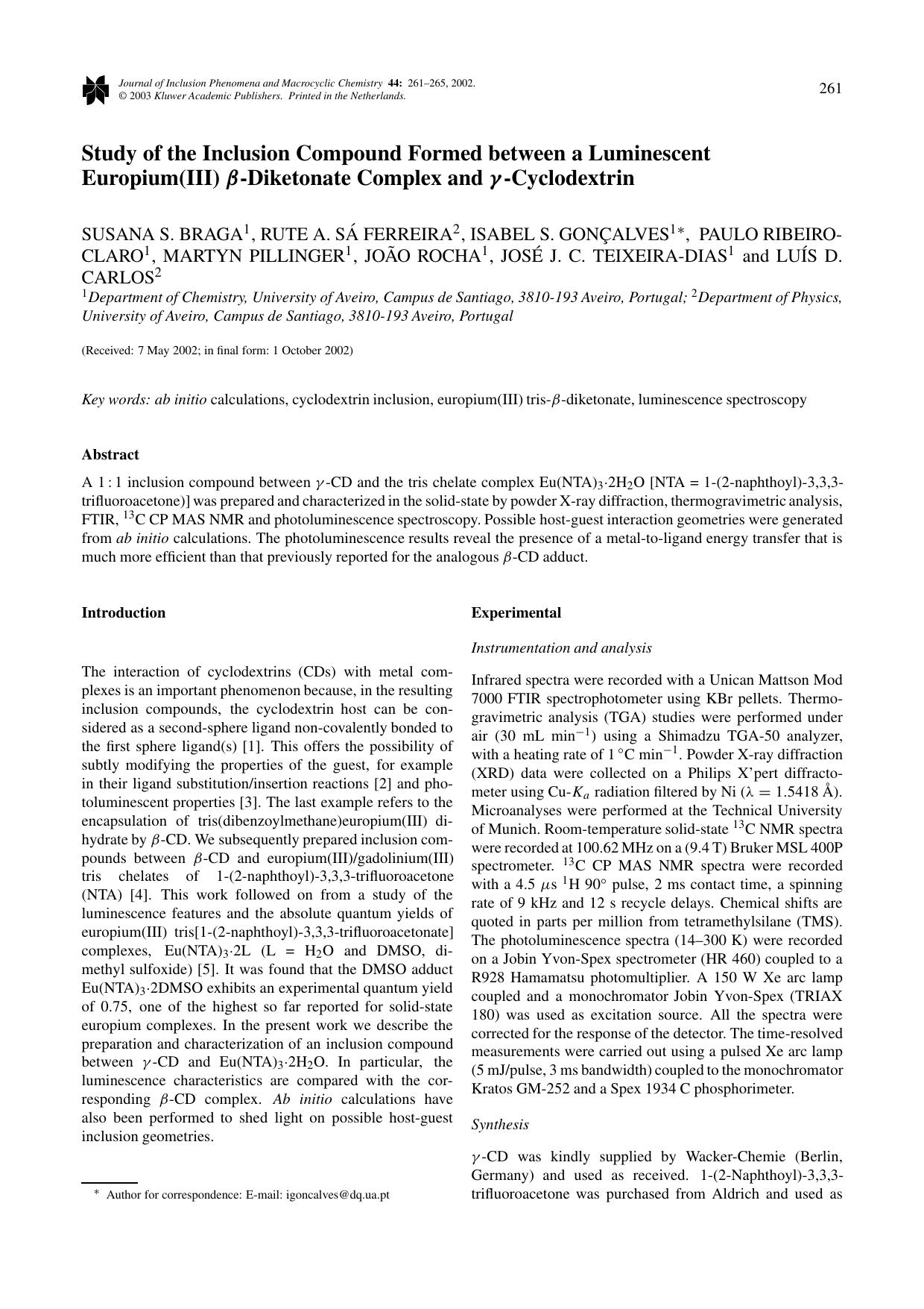 Study of the Inclusion Compound Formed between a Luminescent Europium(III) <Emphasis Type="Bold">&#x03B2;<Emphasis>-Diketonate Complex and <Emphasis Type="Bold">&#x03B3;<Emphasis>-Cyclodextrin by Unknown