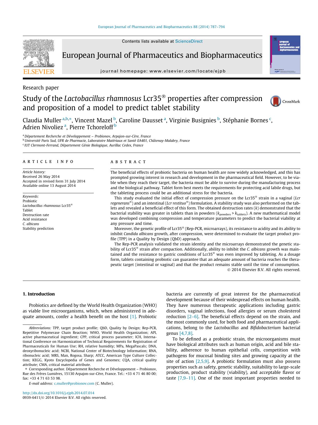 Study of the Lactobacillus rhamnosus Lcr35ÃÂ® properties after compression and proposition of a model to predict tablet stability by unknow