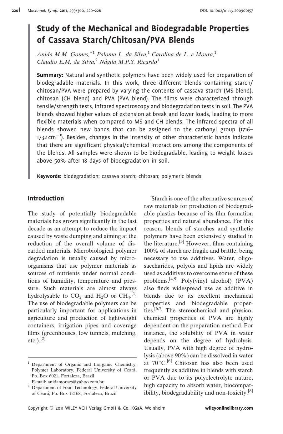 Study of the Mechanical and Biodegradable Properties of Cassava StarchChitosanPVA Blends by Unknown