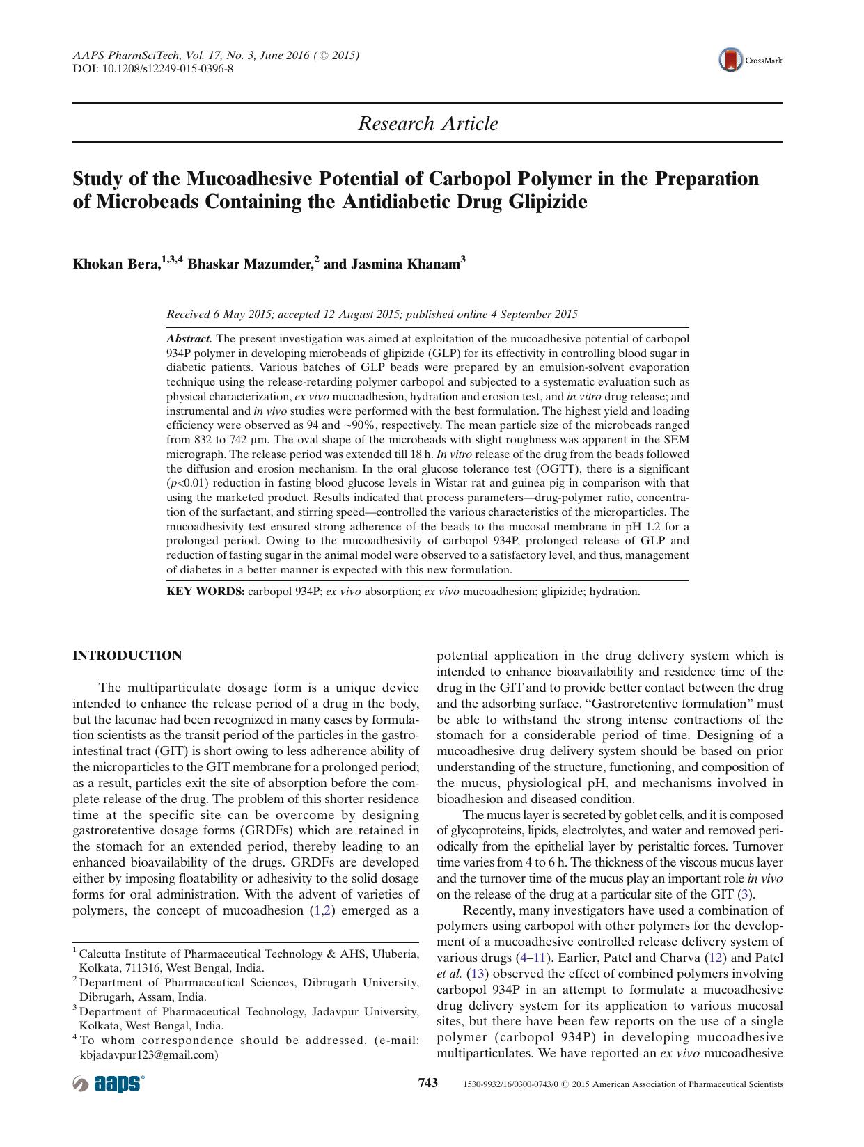 Study of the Mucoadhesive Potential of Carbopol Polymer in the Preparation of Microbeads Containing the Antidiabetic Drug Glipizide by Khokan Bera & Bhaskar Mazumder & Jasmina Khanam