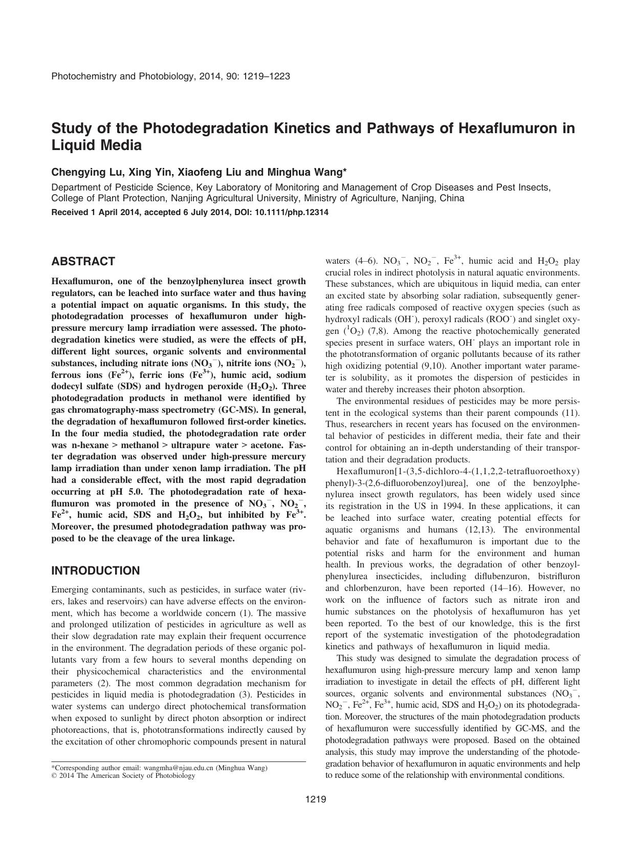 Study of the Photodegradation Kinetics and Pathways of Hexaflumuron in Liquid Media by Unknown