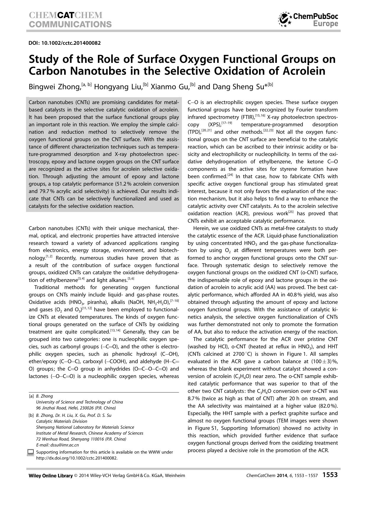 Study of the Role of Surface Oxygen Functional Groups on Carbon Nanotubes in the Selective Oxidation of Acrolein by Unknown
