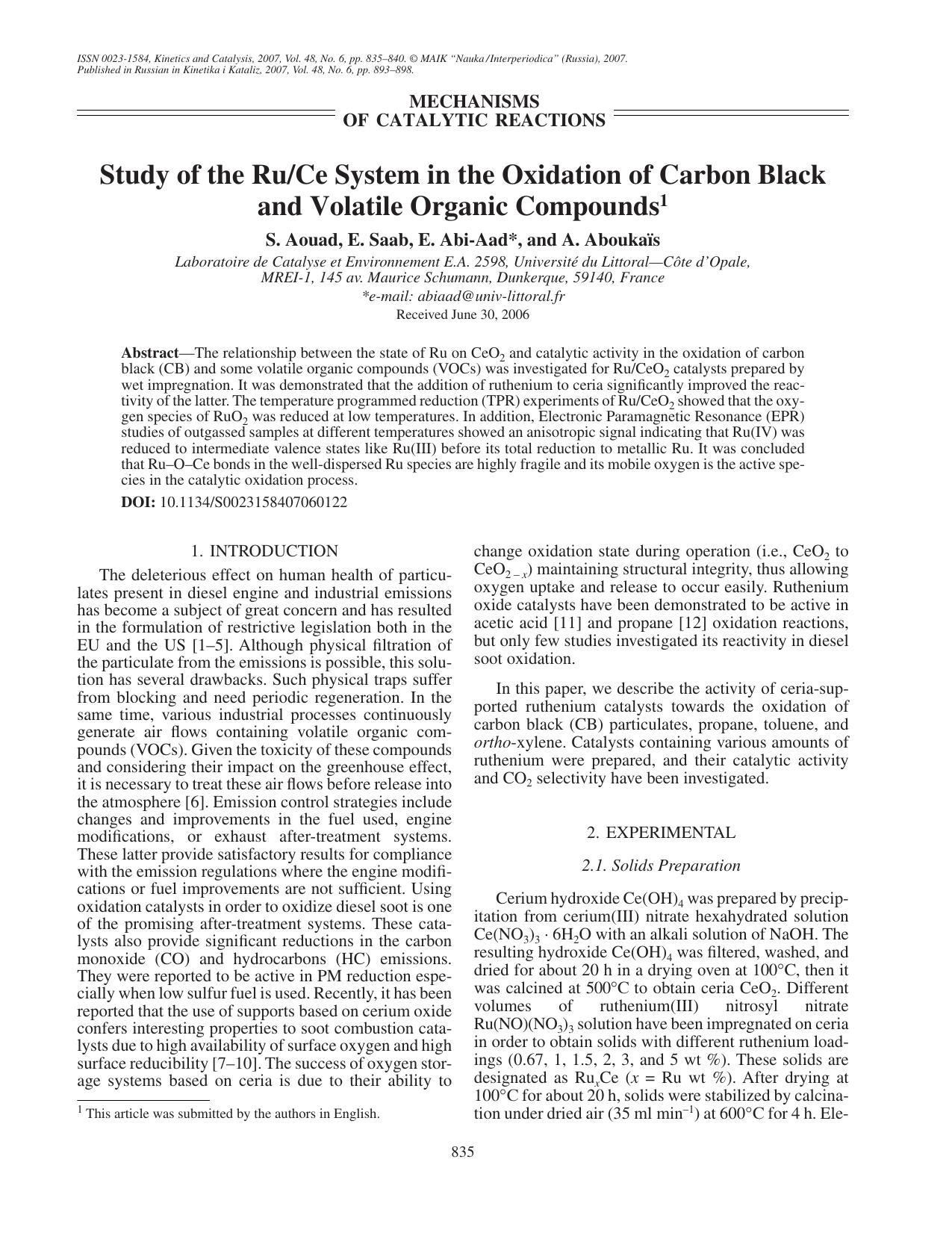 Study of the RuCe system in the oxidation of carbon black and volatile organic compounds by Unknown