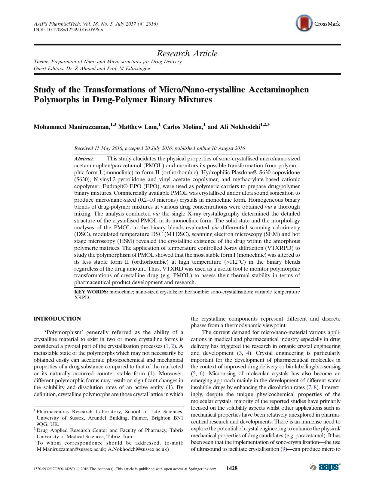 Study of the Transformations of MicroNano-crystalline Acetaminophen Polymorphs in Drug-Polymer Binary Mixtures by Mohammed Maniruzzaman & Matthew Lam & Carlos Molina & Ali Nokhodchi