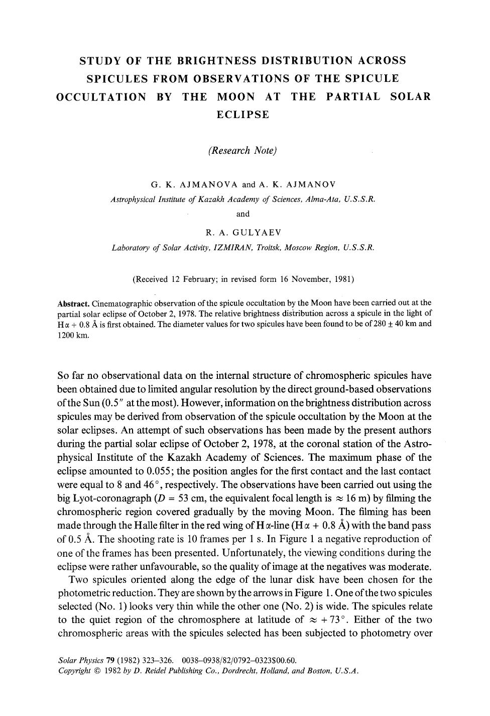 Study of the brightness distribution across spicules from observations of the spicule occultation by the Moon at the partial solar eclipse by Unknown