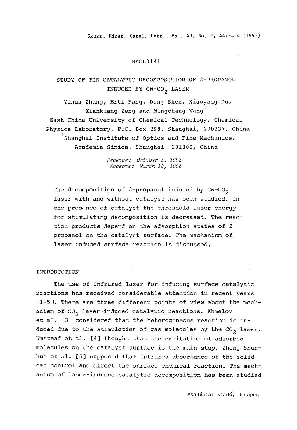 Study of the catalytic decomposition of 2-propanol induced by CW&#x2212;CO <Subscript>2 <Subscript> laser by Unknown