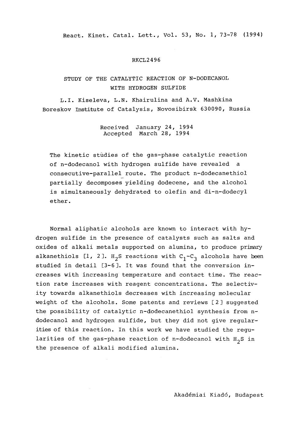 Study of the catalytic reaction of n-dodecanol with hydrogen sulfide by Unknown