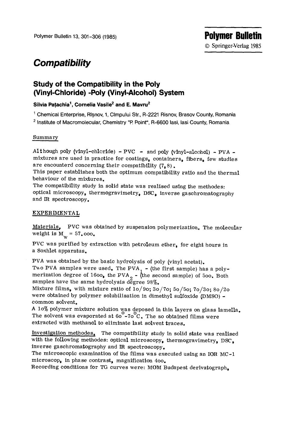Study of the compatibility in the poly (vinyl-chloride) -poly (vinyl-alcohol) system by Unknown
