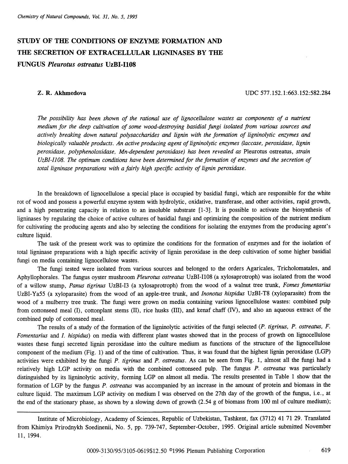 Study of the conditions of enzyme formation and the secretion of extracellular ligninases by the fungus <Emphasis Type="Italic">pleurotus ostreatus <Emphasis> UzBI-1108 by Unknown