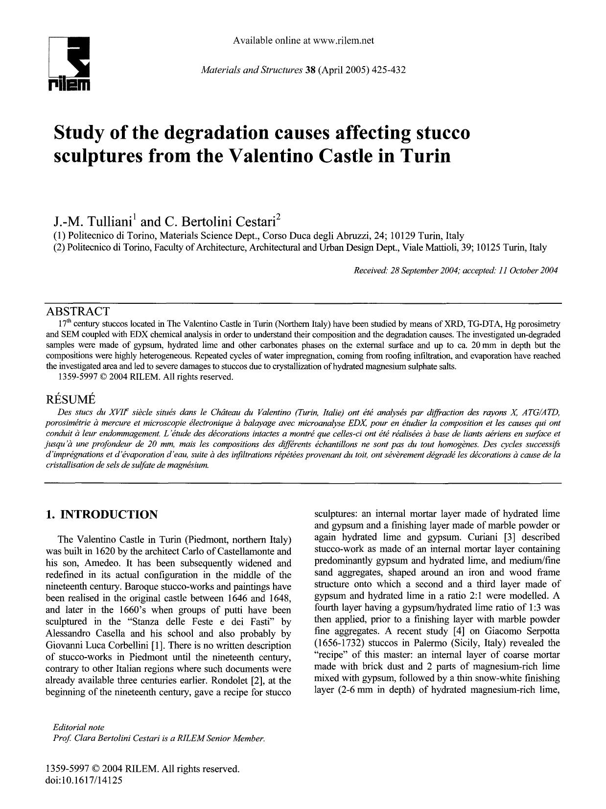 Study of the degradation causes affecting stucco sculptures from the Valentino Castle in Turin by Unknown
