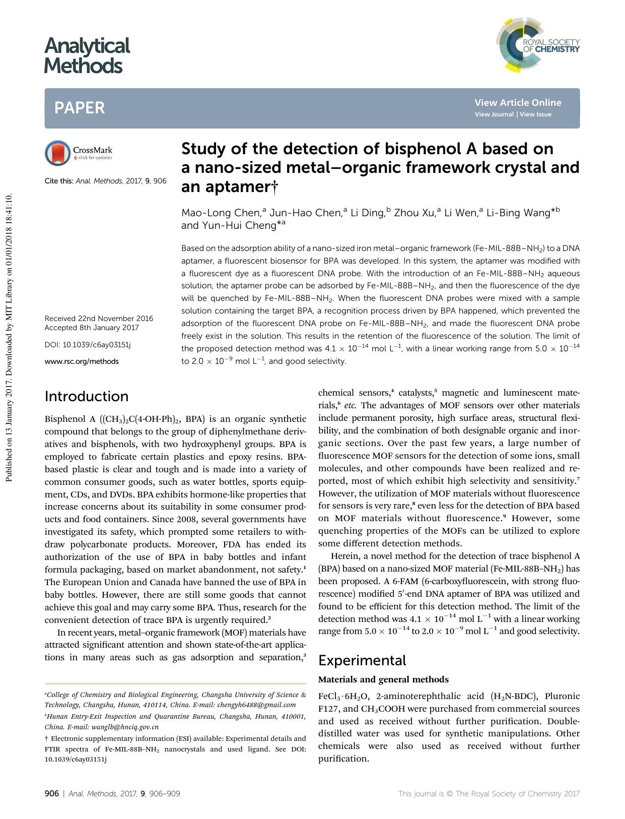 Study of the detection of bisphenol A based on a nano-sized metalâorganic framework crystal and an aptamer by Mao-Long Chen & Jun-Hao Chen & Li Ding & Zhou Xu & Li Wen & Li-Bing Wang & Yun-Hui Cheng