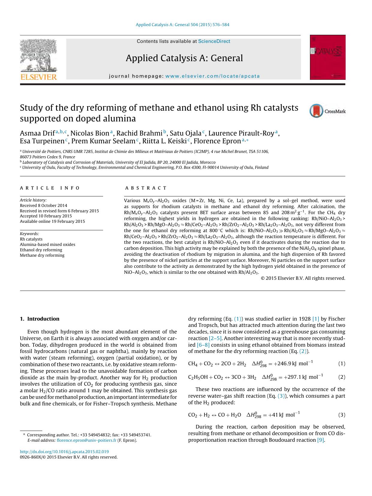 Study of the dry reforming of methane and ethanol using Rh catalysts supported on doped alumina by unknow
