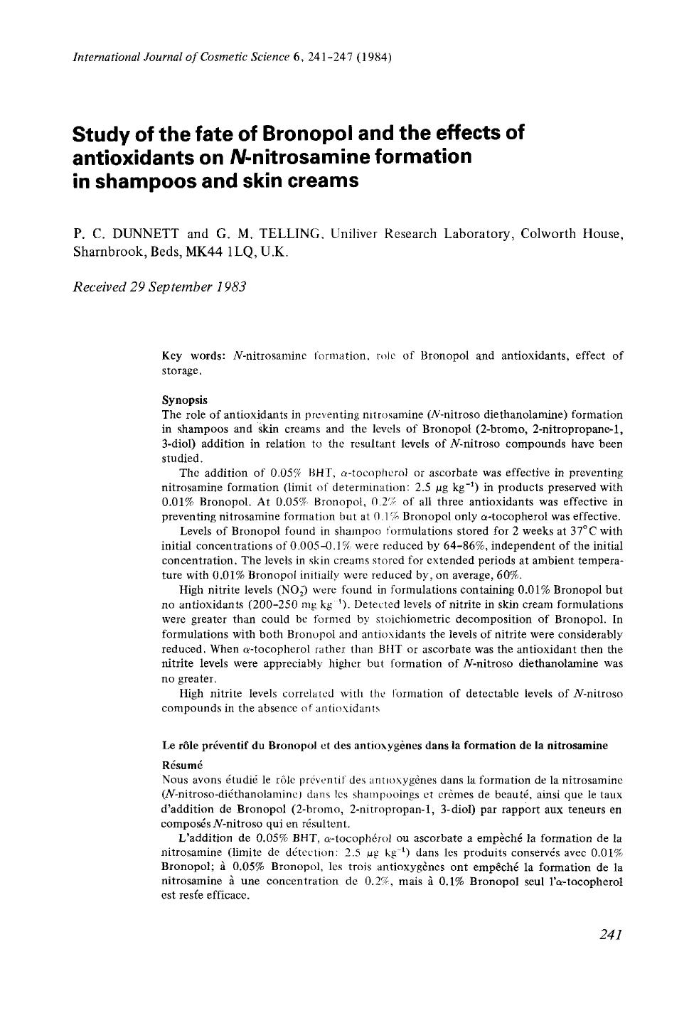 Study of the fate of Bronopol and the effects of antioxidants on N-nitrosamine formation in shampoos and skin creams by Unknown